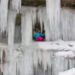 Vertical ice walls creating Eben Ice Caves in Michigan