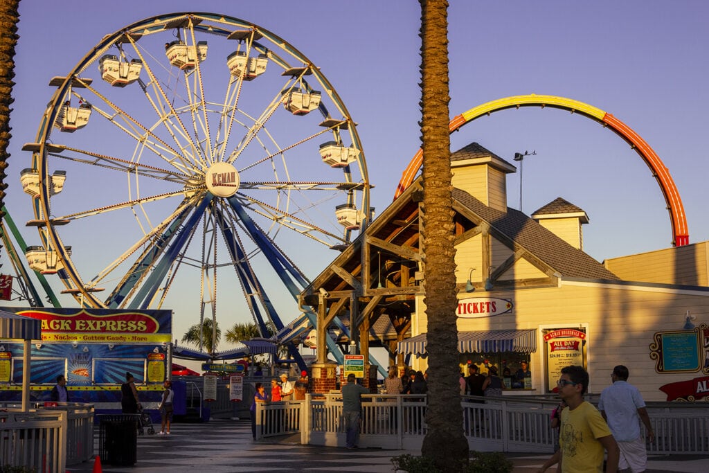 A view of a portion of Kemah Boardwalk in Texas. This shows some of the Amusement Park rides.