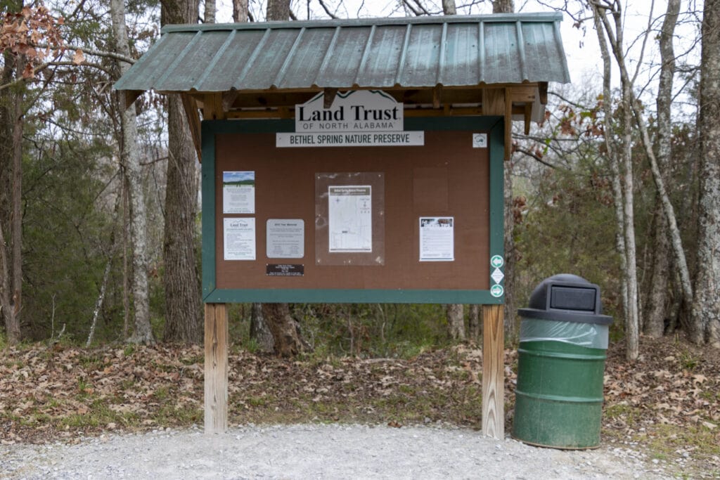 Clear signs marking the trailhead at Bethel Spring Nature Preserve