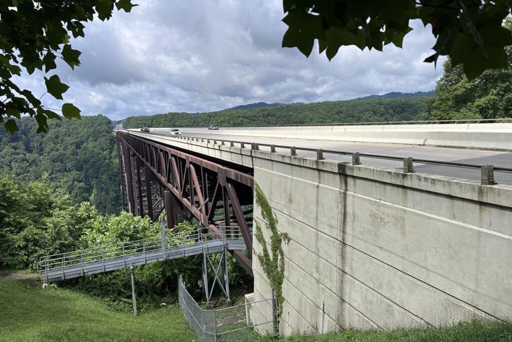 A view of the entrance to the catwalk of the New River Gorge Bridge