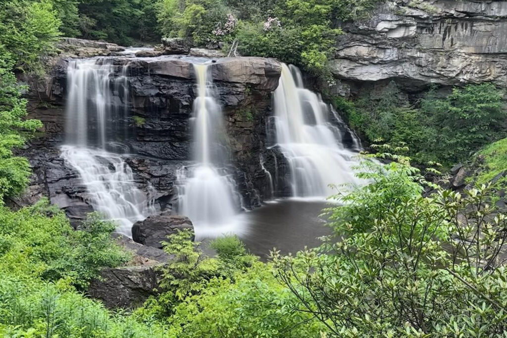 Blackwater Falls cascading over rocks surrounded by lush greenery in Blackwater Falls State Park, West Virginia.