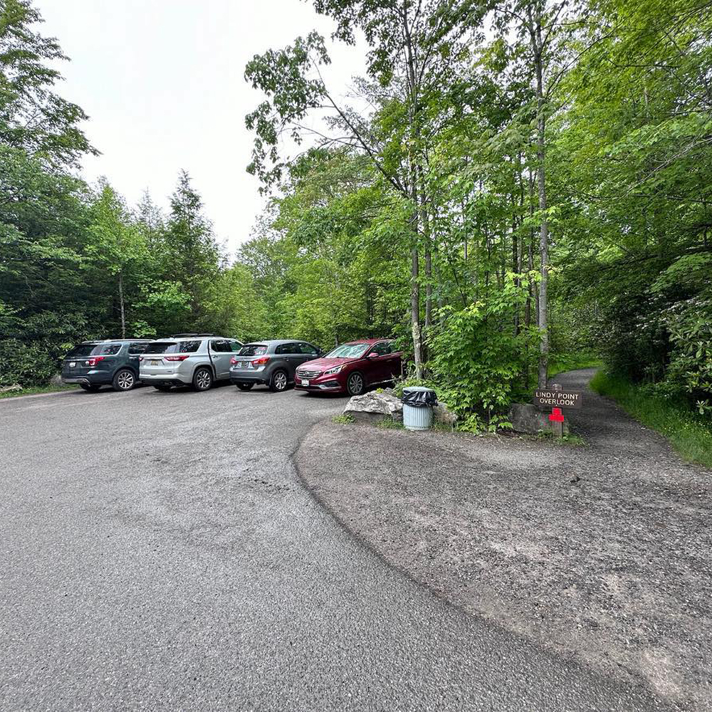 Parking lot at Lindy Point trailhead in Blackwater Falls State Park, West Virginia.