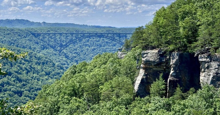 Scenic overlook of Endless Wall Trail. You can see the bridge in the distance as well as part of the endless wall.